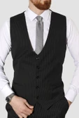 Erkek Çizgili Yelekli Slim Fit Takım Elbise MK37-SİYAH - 4