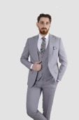 Erkek Tek Düğme Düz Yelekli Slim Fit Takım Elbise 2813-AÇIKGRİ - 2