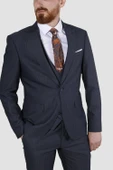 Erkek Tek Düğme Çizgili Yelekli Slim Fit Takım Elbise 6561-LACİVERT - 2