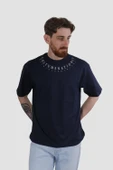 Erkek Bisiklet Yaka Yazı Baskılı Pamuklu Oversize Tişört 3125-LACİVERT - 2