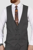 Erkek Tek Düğme Desenli Yelekli Slim Fit Takım Elbise 7485-GRİ - 4
