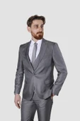 Erkek Tek Düğme Armürlü Yelekli Slim Fit Takım Elbise-GRİ - 2
