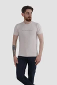 Erkek Bisiklet Yaka Jakarlı Pamuklu Slim Fit Tişört 3185-BEJ thumbnail 1
