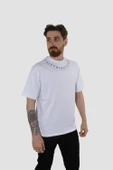 Erkek Bisiklet Yaka Yazı Baskılı Pamuklu Oversize Tişört 3125-BEYAZ - 3