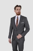 Erkek Tek Düğme Desenli Yelekli Slim Fit Takım Elbise 7485-GRİ - 2