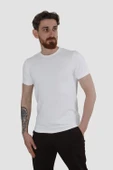 Erkek Bisiklet Yaka Jakarlı Pamuklu Slim Fit Tişört 3185-BEYAZ - 1