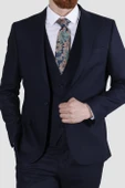 Erkek Tek Düğme Armürlü Yelekli Slim Fit Takım Elbise 7040M-LACİVERT - 3
