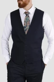 Erkek Tek Düğme Armürlü Yelekli Slim Fit Takım Elbise 7040M-LACİVERT - 4