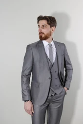 Erkek Tek Düğme Armürlü Yelekli Slim Fit Takım Elbise-GRİ - 1