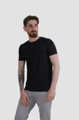 Erkek Bisiklet Yaka Basic Düz Pamuklu Slim Fit Tişört-SİYAH - 1