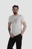 Erkek Bisiklet Yaka Basklı Pamuklu Slim Fit Tişört 3170-BEJ - 1