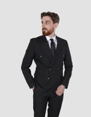 Erkek Çizgili Kruvaze Slim Fit Takım Elbise ARMADA09-SİYAH - 2