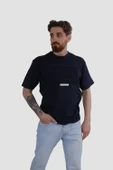 Erkek Bisiklet Yaka Baskılı Oversize Pamuklu Tişört  3064-LACİVERT - 1