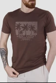 Erkek Bisiklet Yaka Palmiye Ağacı Baskılı Pamuklu Slim Fit Tişört 3074-BORDO - 2