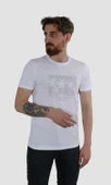 Erkek Bisiklet Yaka Palmiye Ağacı Baskılı Pamuklu Slim Fit Tişört 3074-BEYAZ - 2