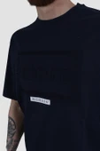 Erkek Bisiklet Yaka Baskılı Oversize Pamuklu Tişört  3064-LACİVERT - 3