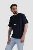 Erkek Bisiklet Yaka Baskılı Oversize Pamuklu Tişört  3064-LACİVERT - 2