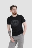 Erkek Bisiklet Yaka Palmiye Ağacı Baskılı Pamuklu Slim Fit Tişört 3074-SİYAH thumbnail 1