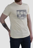 Erkek Bisiklet Yaka Palmiye Ağacı Baskılı Pamuklu Slim Fit Tişört 3074-SARI thumbnail 2