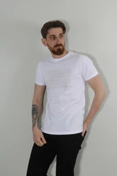 Erkek Bisiklet Yaka Baskılı Pamuklu Slim Fit Tişört 3087-BEYAZ - 1