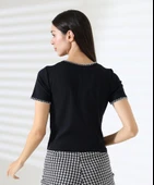 Kol Yaka El işi Çoban Dikiş detaylı Kadın Bluz T-shirt - 4