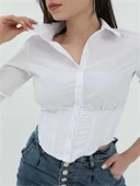 Kadın Beli Lastikli Korse Crop Gömlek - 7