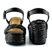 Erkan Saçmacı Siyah İnci İşlemeli Tokalı Hasır Örgü Görünümlü Dolgu Topuklu Sandalet - 3