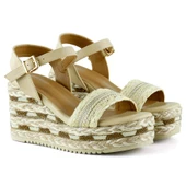 Erkan Saçmacı Bej Kristal Taşlı İncili Sim Nakışlı Tokalı Zikzak Örgü Jüt Dolgu Topuklu Sandalet - 4