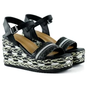 Erkan Saçmacı Siyah Kristal Taşlı İncili Sim Nakışlı Tokalı Zikzak Örgü Jüt Dolgu Topuklu Sandalet - 4