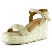 Erkan saçmacı Bej İnci İşlemeli Tokalı Hasır Örgü Görünümlü Dolgu Topuklu Sandalet - 1