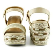 Erkan Saçmacı Bej Kristal Taşlı İncili Sim Nakışlı Tokalı Zikzak Örgü Jüt Dolgu Topuklu Sandalet - 3