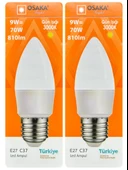 (2 Adet) Osaka 9W (70W) Sarı Işık (3000K) E27 Duylu (Kalın Duy) Led Mum Ampul - 1