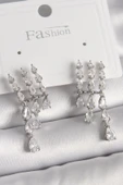 Pirinç Gümüş Renk Zirkon Taşlı Yağmur Model Kadın Küpe - TJ-BKP9936 - 1
