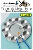 Yuvarlak Metal Palet 2 Adet Metal Boya Paleti 10 Hazneli 17 cm Paslanmaz Resim Boyama Paleti Fırça Hediyeli - 1