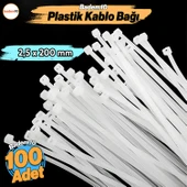 2,5 x 200 mm 100 Adet Cırt Kelepçe 20 cm Plastik Beyaz Renk Zip Kablo Bağı Çok Amaçlı Bağlama - 1