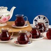 Perotti 17903 Laleli 12 Parça 6 Kişilik Çay Seti – 210 ml Borosilikat Cam Kulplu Tombik Bardak ve Porselen Çay Tabağı Takımı - 1