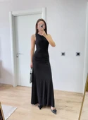 Lucky Life Kadın Kolsuz Büzgülü Uzun Elbise - Siyah - 1