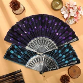 Beluga Yelpaze Şık Siyah Mor/Turkuaz Pullu Yelpaze 2 Adet - 1