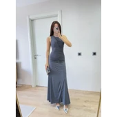 Lucky Life Kadın Kolsuz Büzgülü Uzun Elbise - Füme - 3