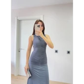 Lucky Life Kadın Kolsuz Büzgülü Uzun Elbise - Füme - 2