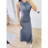 Lucky Life Kadın Kolsuz Büzgülü Uzun Elbise - Füme - 1