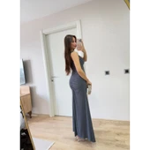 Lucky Life Kadın Kolsuz Büzgülü Uzun Elbise - Füme - 4