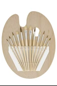 Ahşap Palet Oval Naturel 12 li Resim Fırçası Seti 1 Paket Yuvarlak ve Kesik Uçlu Boyama Fırçası Akrilik Yağlı Guaj Boya - 2