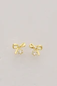 Gümüş altın yaldızlı zirkon taşlı zarif fiyonk küpe SGTL12830GOLD - 4