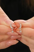 Gümüş rodyumlu zirkon taşlı sallantılı ay yıldız küpe SGTL12831RODAJ thumbnail 1
