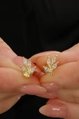 Gümüş altın yaldızlı markız kesim zirkon taşlı yaprak küpe SGTL12837GOLD thumbnail 1