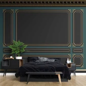 3D Siyah ve Yeşil Panel Altın Motif Görünümlü Duvar Kağıdı Baskı thumbnail 2