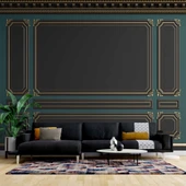 3D Siyah ve Yeşil Panel Altın Motif Görünümlü Duvar Kağıdı Baskı thumbnail 1