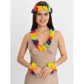 Rengarenk Hawaii Kolye Taç Bileklik Seti 4 Parça - 1