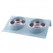 İkili Renkli Mama ve Su Kabı Çelik Kaseli Mavi 37.5x24x7.5 - 2